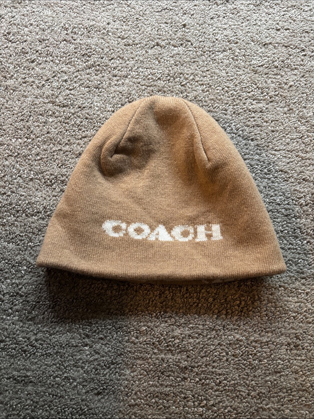 Reversible Coach Camel Brown Beanie with White Logo